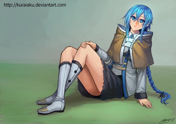 Anime picture 1000x707 with mushoku tensei studio bind roxy migurdia kuraiaku single long hair looking at viewer fringe blue eyes hair between eyes sitting signed blue hair braid (braids) arm support thighs single braid hand on knee girl skirt