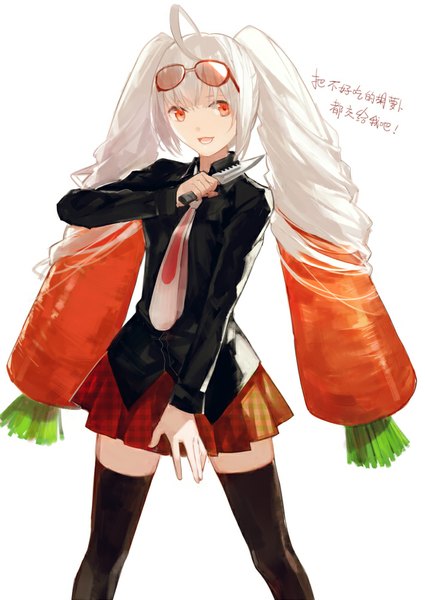 Anime picture 709x1000 with original cotta single long hair tall image looking at viewer blush open mouth simple background smile white background twintails white hair inscription orange eyes sunglasses on head girl thighhighs skirt uniform
