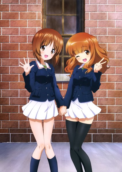 Anime picture 2890x4081 with girls und panzer nishizumi miho takebe saori long hair tall image blush highres short hair open mouth brown hair multiple girls brown eyes one eye closed wink scan official art victory girl thighhighs skirt