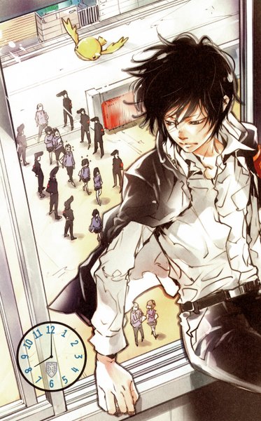 Anime picture 1724x2772 with katekyou hitman reborn rebo to dlive (artbook) hibari kyouya hibird amano akira tall image highres black hair standing sitting brown eyes wind scan open clothes open jacket official art looking down flying walking pompadour