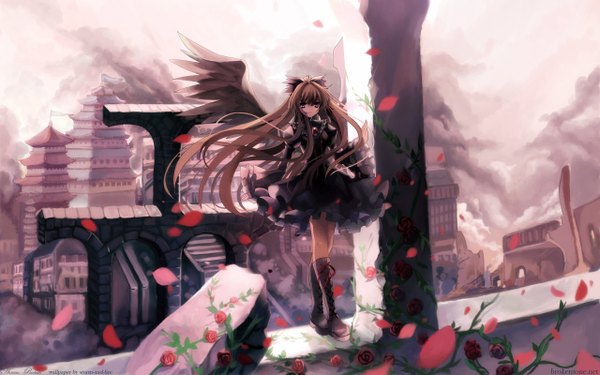 Anime picture 2560x1600 with touhou reiuji utsuho tagme (artist) single long hair highres brown hair standing purple eyes sky cloud (clouds) wind city smoke cityscape angel wings lacing goth-loli ruins girl