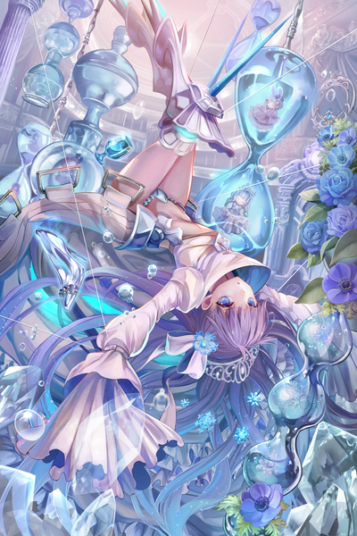 Anime picture 800x1200 with fate (series) fate/grand order fate/extra fate/extra ccc meltryllis (fate) torino aqua tall image looking at viewer fringe blue eyes light erotic purple hair lying very long hair on back sleeves past wrists spread arms girl dress flower (flowers)