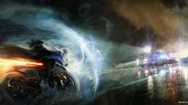 Anime picture 1600x900 with beyond: two souls jodie holmes aiden short hair black hair wide image realistic night rain brother and sister girl boy ground vehicle car road motorcycle