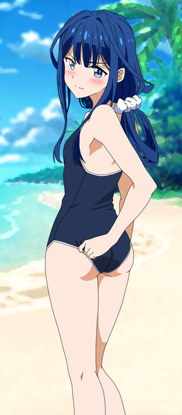 Anime picture 904x2048 with masamune-kun no revenge silver link adagaki aki shugo19 single long hair tall image looking at viewer blue eyes light erotic standing blue hair ponytail looking back beach angry adjusting swimsuit girl swimsuit plant (plants)