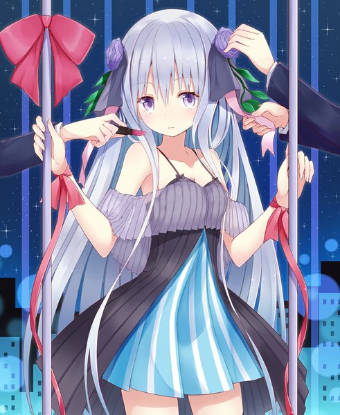 Anime picture 859x1050 with original shuuichi (gothics) single long hair tall image looking at viewer purple eyes bare shoulders silver hair hair flower girl dress hair ornament flower (flowers) bow ribbon (ribbons) lipstick tube