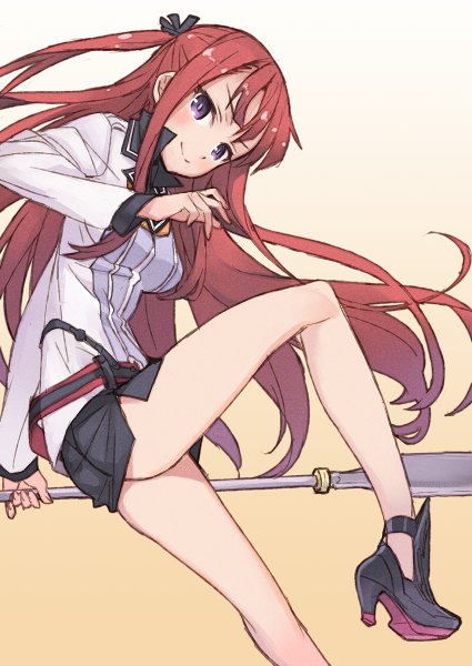 Anime picture 850x1200 with summon night summon night 5 arca (summon night) matsuryuu single long hair tall image looking at viewer blush light erotic simple background purple eyes twintails red hair high heels legs girl skirt uniform weapon