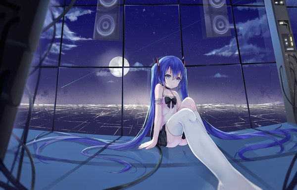 Anime picture 1555x1000 with vocaloid hatsune miku nack single looking at viewer fringe blue eyes light erotic hair between eyes sitting twintails blue hair cloud (clouds) ahoge bent knee (knees) indoors very long hair nail polish pleated skirt night