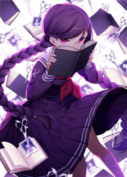 Anime picture 1200x1669 with dangan ronpa fukawa touko jenevan single long hair tall image looking at viewer fringe holding purple hair braid (braids) long sleeves pleated skirt pink eyes twin braids covered mouth girl skirt uniform glasses