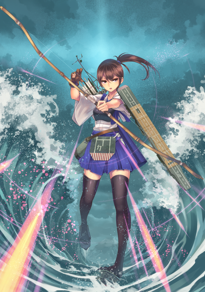 Anime picture 1054x1500 with kantai collection kaga aircraft carrier ryouku single long hair tall image brown hair brown eyes ponytail traditional clothes zettai ryouiki side ponytail girl thighhighs weapon black thighhighs water armor bow (weapon) breastplate