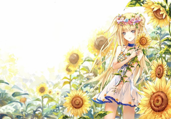 Anime picture 1055x739 with kinokohime single long hair looking at viewer fringe blue eyes blonde hair smile sleeveless girl dress flower (flowers) choker transparent clothing sunflower wreath head wreath flower field