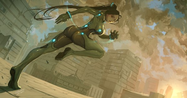Anime picture 1920x1014 with original weltol (artist) single highres black hair wide image signed sky cloud (clouds) ponytail looking back sunlight dutch angle legs ruins running girl bodysuit pilot suit