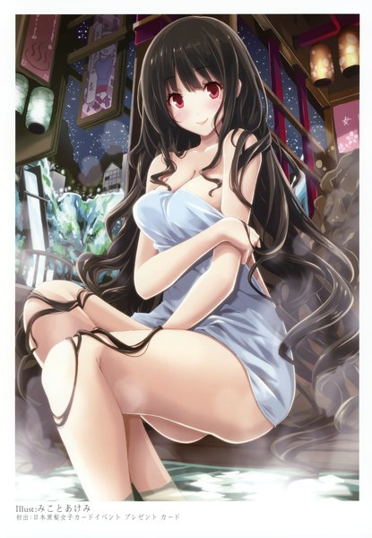 Anime picture 2406x3475 with original mikoto akemi single long hair tall image looking at viewer blush highres light erotic black hair smile red eyes sitting bare shoulders scan naked towel girl towel onsen