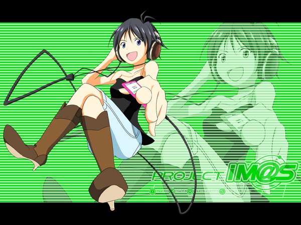 Anime picture 1600x1200 with idolmaster ipod kikuchi makoto highres short hair blue eyes black hair wallpaper zoom layer pointing boots headphones