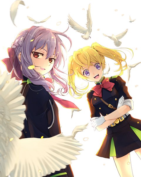 Anime picture 889x1111 with owari no seraph wit studio hiiragi shinoa sanguu mitsuba kero sweet long hair tall image looking at viewer fringe open mouth simple background blonde hair smile hair between eyes red eyes standing white background purple eyes twintails multiple girls