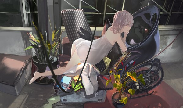 Anime picture 1600x944 with original pixiv fantasia pixiv fantasia fallen kings lin+ single long hair looking at viewer open mouth light erotic wide image bare shoulders pink hair pink eyes barefoot teeth bare legs shadow fang (fangs) no shoes girl
