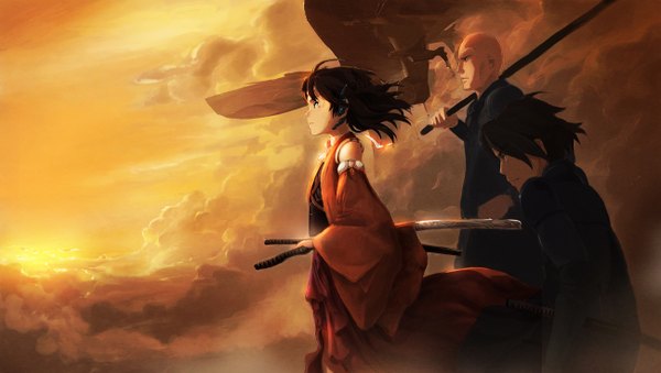 Anime picture 1300x736 with original shiika sadamasa short hair black hair brown hair wide image green eyes sky cloud (clouds) profile wind weapon over shoulder weapon detached sleeves sword katana aircraft airship