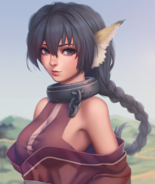 Anime picture 1280x1524 with utawareru mono karura miura-n315 single long hair tall image looking at viewer fringe blue eyes black hair hair between eyes bare shoulders animal ears braid (braids) lips realistic single braid portrait girl collar