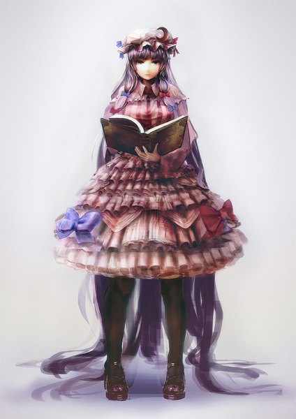 Anime picture 800x1132 with touhou patchouli knowledge kgkn single tall image looking at viewer fringe breasts standing purple eyes purple hair very long hair girl dress bow hair bow hat pantyhose shoes frills