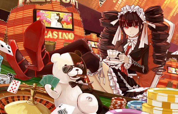 Anime picture 1153x740 with dangan ronpa monokuma celestia ludenberg d.b.spark single long hair looking at viewer black hair red eyes twintails legs drill hair smoking casino girl thighhighs dress black thighhighs shoes frills