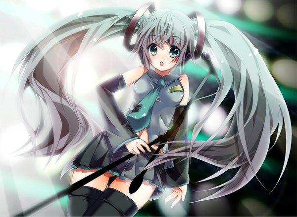 Anime picture 1088x798 with vocaloid hatsune miku twintails grey hair girl thighhighs necktie microphone