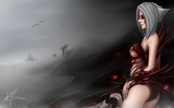 Anime picture 4000x2500 with league of legends riven (league of legends) zackargunov single long hair highres light erotic red eyes bare shoulders absurdres profile lips grey hair scar girl weapon sword