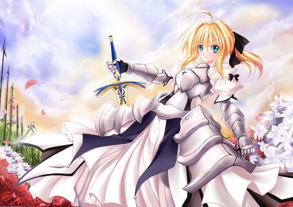 Anime picture 1280x905 with fate (series) fate/stay night studio deen type-moon artoria pendragon (all) saber tagme (artist) blonde hair green eyes girl dress flower (flowers) weapon sword armor