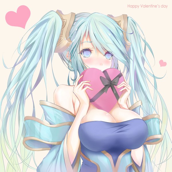 Anime picture 4921x4921 with league of legends sona buvelle hiiro (pixiv id=3073799) single long hair blush fringe highres breasts blue eyes light erotic simple background large breasts twintails bare shoulders holding payot looking away absurdres cleavage