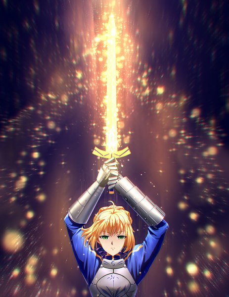 Anime picture 850x1100 with fate (series) fate/stay night type-moon artoria pendragon (all) saber kaminary single long hair tall image looking at viewer fringe blonde hair standing holding green eyes ahoge braid (braids) arms up hair bun (hair buns) glowing weapon