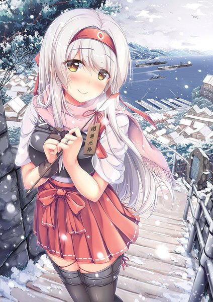Anime picture 707x1000 with kantai collection shoukaku aircraft carrier shirakawako single long hair tall image looking at viewer blush smile holding yellow eyes sky silver hair cloud (clouds) traditional clothes japanese clothes zettai ryouiki snowing winter snow