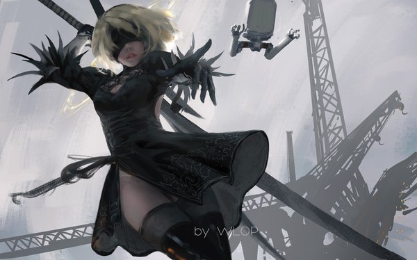 Anime picture 1482x926 with nier nier:automata yorha no. 2 type b pod (nier:automata) wlop single short hair blonde hair wide image standing signed long sleeves parted lips lips mole from below puffy sleeves lipstick outstretched arm watermark