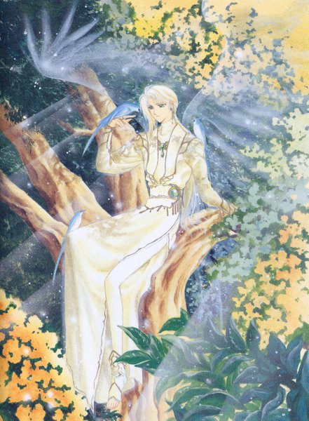 Anime picture 1985x2698 with wish clamp tagme (artist) single long hair tall image highres blonde hair smile sitting green eyes ponytail sunlight transparent flower (flowers) plant (plants) earrings animal wings tree (trees)