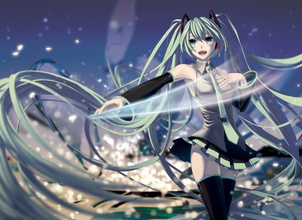 Anime picture 1372x1000 with vocaloid hatsune miku blue eyes green hair girl