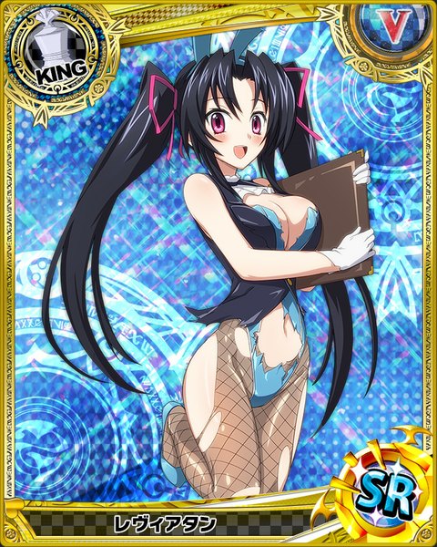 Anime picture 640x800 with highschool dxd serafall leviathan single long hair tall image looking at viewer blush breasts open mouth light erotic black hair large breasts purple eyes twintails animal ears bunny ears torn clothes bunny girl card (medium) girl