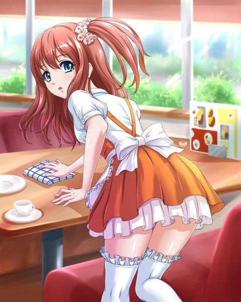 Anime picture 800x1000 with original chaki-yam single long hair tall image looking at viewer blue eyes pink hair one side up waitress girl thighhighs dress white thighhighs