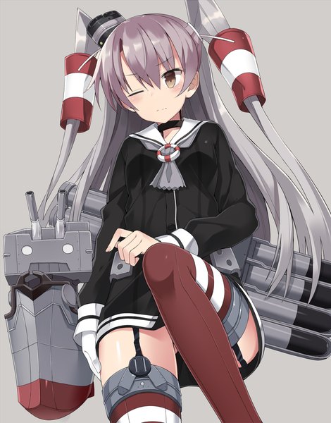 Anime picture 940x1200 with kantai collection rensouhou-chan amatsukaze destroyer kuhotaka long hair tall image blush simple background brown eyes looking away one eye closed censored wink grey hair grey background two side up embarrassed convenient censoring girl thighhighs