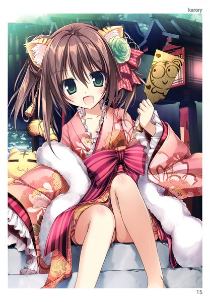 Anime picture 2120x3050 with original karory single long hair tall image looking at viewer blush fringe highres open mouth light erotic smile hair between eyes brown hair sitting holding green eyes signed animal ears payot