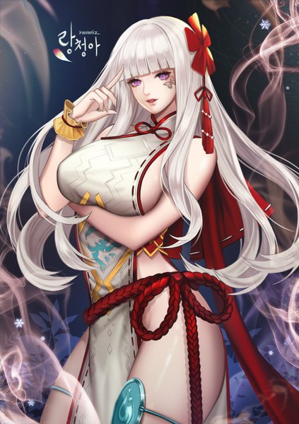 Anime picture 1170x1659 with blade & soul ravaniz single long hair tall image looking at viewer fringe breasts light erotic large breasts purple eyes signed white hair blunt bangs inscription tattoo hieroglyph breast hold girl hair ornament