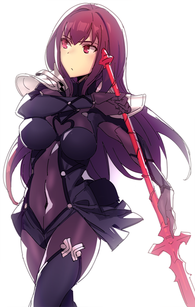Anime picture 510x800 with fate (series) fate/grand order type-moon scathach (fate) (all) scathach (fate) mckeee single long hair tall image blush fringe simple background standing white background holding looking away pink hair pink eyes girl gloves
