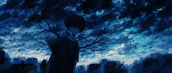 Anime picture 1000x425 with original yuuri (artist) looking at viewer fringe short hair black hair wide image standing sky cloud (clouds) wind city cityscape bare tree boy plant (plants) tree (trees)