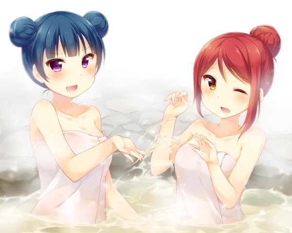 Anime picture 1200x960 with love live! sunshine!! sunrise (studio) love live! sakurauchi riko tsushima yoshiko hazuki (sutasuta) blush fringe short hair open mouth light erotic smile hair between eyes bare shoulders multiple girls blue hair red hair one eye closed hair bun (hair buns) naked towel