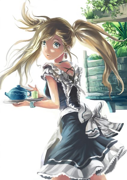 Anime picture 800x1131 with vocaloid hatsune miku ooi choon liang single long hair tall image blush open mouth blonde hair twintails looking back aqua eyes light smile maid turning head waitress alternate hair color girl dress hair ornament