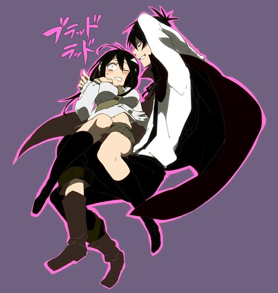 Anime picture 1000x1056 with blood lad brains base (studio) charlie blood staz yanagi fuyumi long hair tall image blush short hair black hair simple background red eyes sitting holding yellow eyes profile couple hug jumping purple background vampire