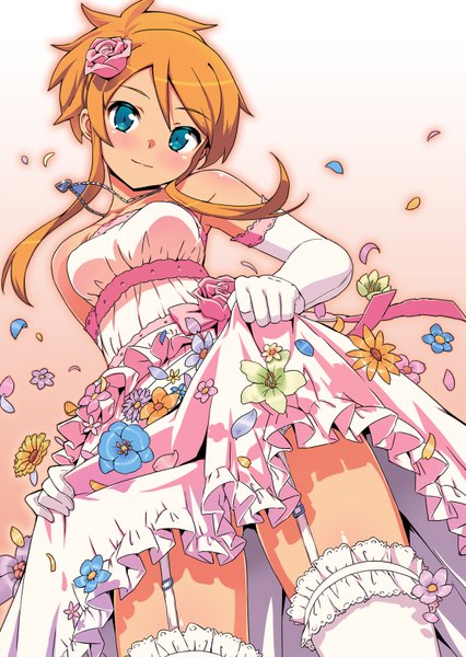 Anime picture 1242x1750 with ore no imouto ga konna ni kawaii wake ga nai kousaka kirino ootomo takuji single long hair tall image looking at viewer blush blue eyes bare shoulders hair flower orange hair alternate hairstyle hair up girl thighhighs dress gloves hair ornament flower (flowers)