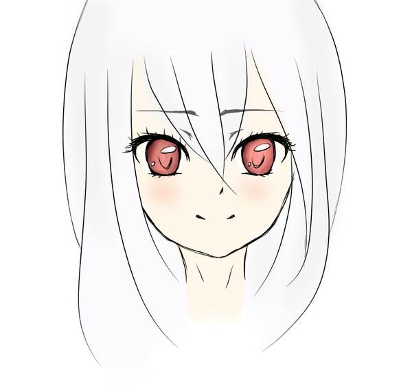 Anime picture 810x759 with original sv0n single looking at viewer blush fringe short hair simple background smile hair between eyes red eyes white background white hair portrait girl