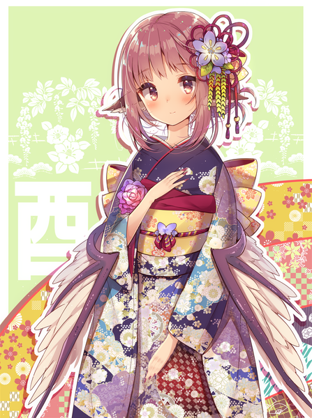 Anime picture 1267x1700 with touhou mystia lorelei usamata single tall image looking at viewer blush short hair smile animal ears pink hair long sleeves traditional clothes japanese clothes pink eyes hair flower fingernails light smile wide sleeves alternate costume