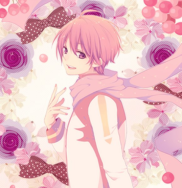 Anime picture 928x960 with vocaloid kaito (vocaloid) sakura kaito chi yu single tall image looking at viewer short hair pink hair nail polish parted lips pink eyes pink nail polish boy flower (flowers) bow scarf cherry