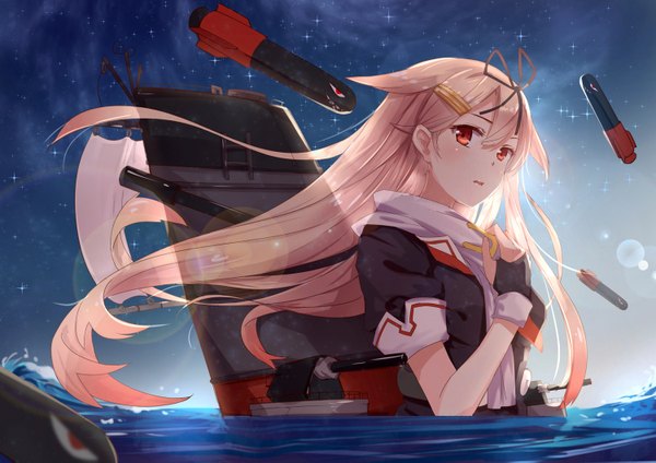 Anime picture 1500x1061 with kantai collection yuudachi destroyer byakuya reki single long hair looking at viewer blush blonde hair red eyes sky wind lens flare remodel (kantai collection) girl gloves hair ornament ribbon (ribbons) hair ribbon water hairclip