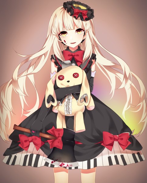 Anime picture 1210x1499 with vocaloid mayu (vocaloid) usano mimi shikimori (komsaupp) single long hair tall image looking at viewer fringe simple background blonde hair yellow eyes parted lips lolita fashion girl dress gloves bow weapon black gloves