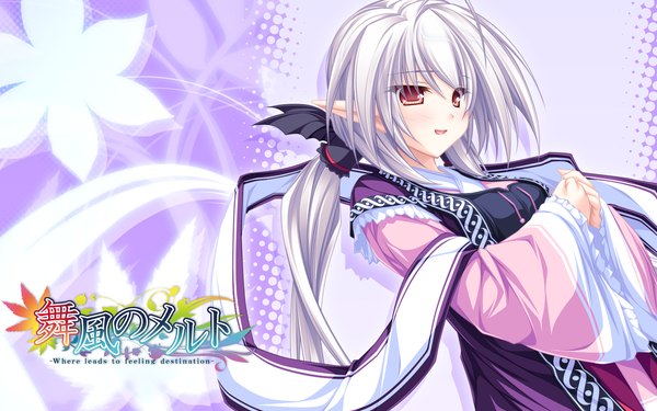 Anime picture 2560x1600 with maikaze no melt suzu (suzukaze no melt) tenmaso single long hair highres red eyes wide image twintails game cg white hair pointy ears girl