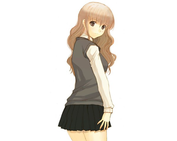 Anime picture 1024x819 with harry potter hermione granger single long hair simple background blonde hair white background brown eyes looking back light smile girl skirt uniform school uniform
